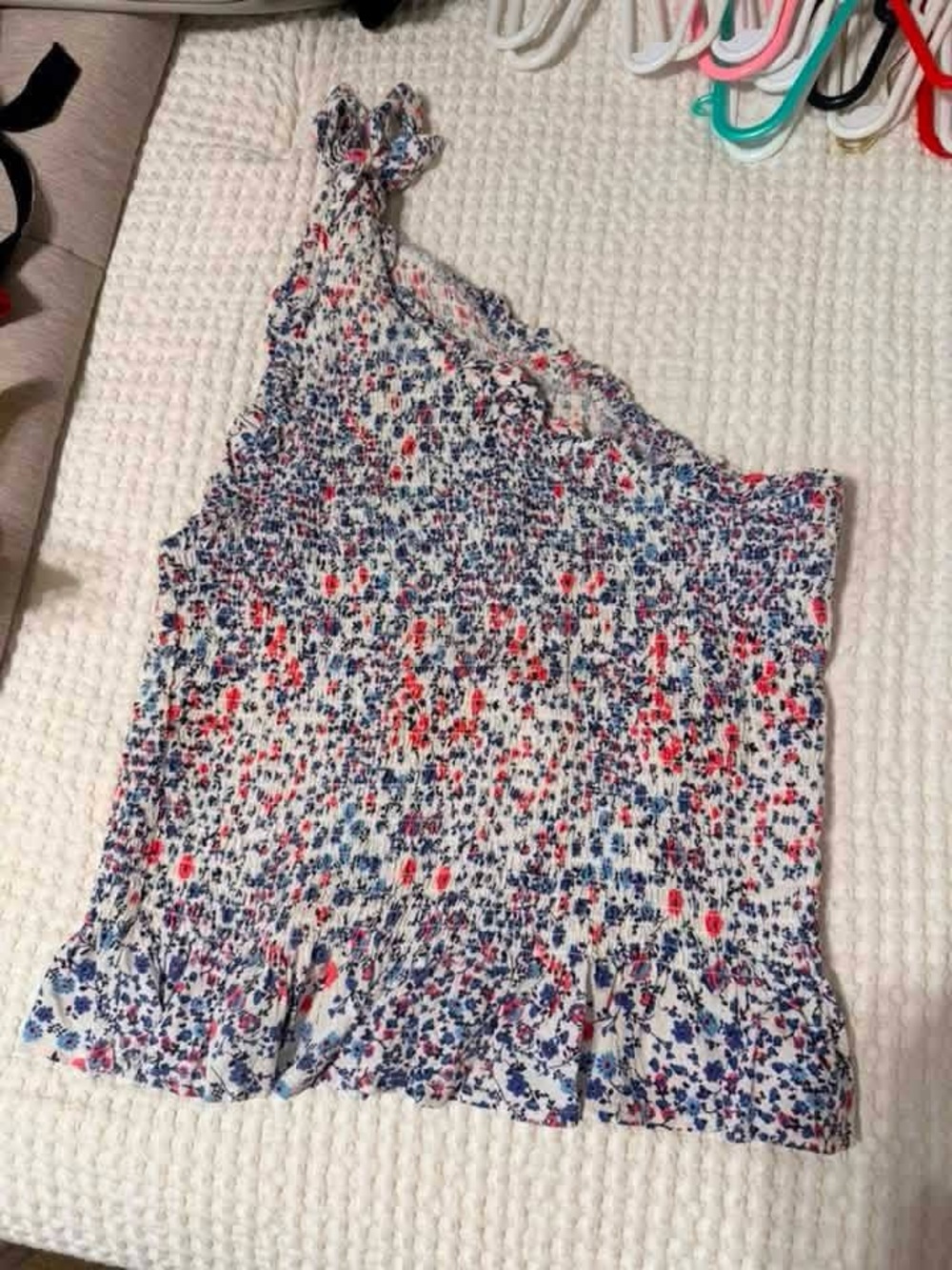 Floral One-Shoulder Smocked Women's Top - White with Blue & Pink Floral